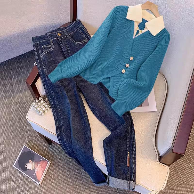 

Плюс размер Ранняя осень Вязаный свитер в китайском стиле и джинсы для женщин M (Recommended 40-50 kg)