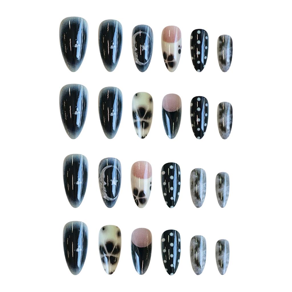 24Pcs French Almond Press On Nails Y2K Wave Dot Flower Design Sweet Cool Fake Nails For Women