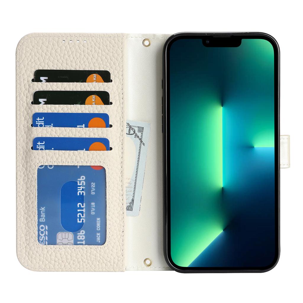 For iPhone 13 Pro Max/12 Pro Max Stand Case Litchi Texture Genuine Cow Leather Wallet Phone Cover RFID Blocking