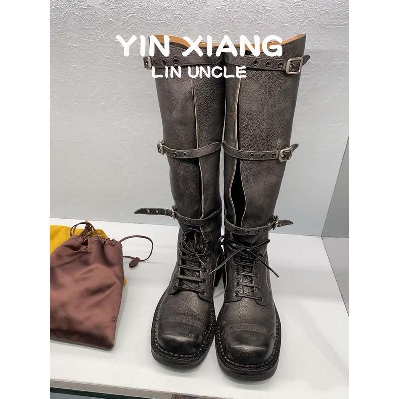 Cowhide version~ retro leather inner height increase 7cm boots fashion boots women's old knight boots belt buckle boots