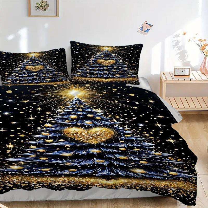 

3pc Golden Heart Christmas Tree Bedding Set-Festive Decoration for Bedroom,Guest Room,Living Room,Hotel | Perfect Gift for Fans,Travelers 135x200cm