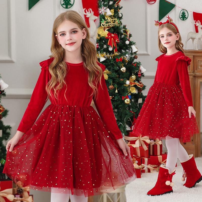 Girls Long Sleeve Red New Year Christmas Clothing Star Mesh Dress Princess Dress Performance Clothing Children's Clothing