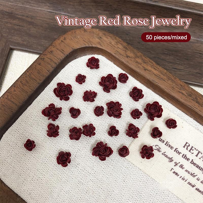 50pcs Red Rose Nail Art Charms 3d Leaves Flowers Nail Decorations Accessories For Nails Diy