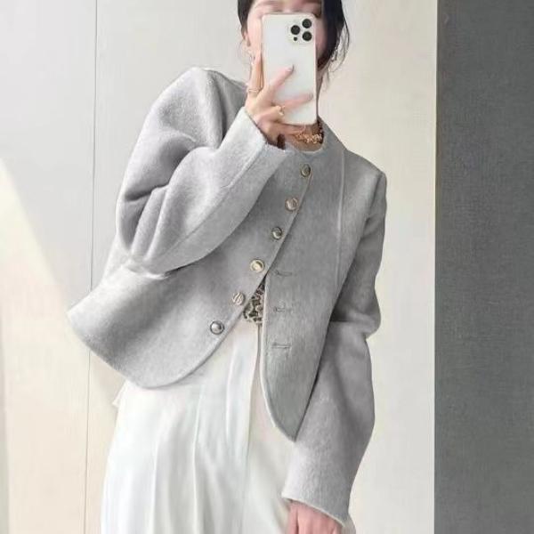 Women Wool Coat Single Breasted Round Neck Design Fashion Winter Trench Jacket