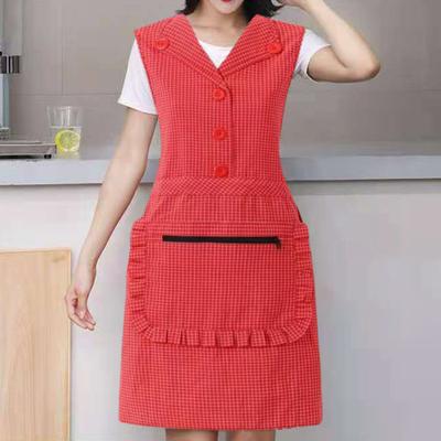 Cooking Apron Sleeveless Oil-proof Zipper Pocket Western Style Lapel Plaid Pattern Cotton Apron Waistcoat Housework Workwear Daily Use