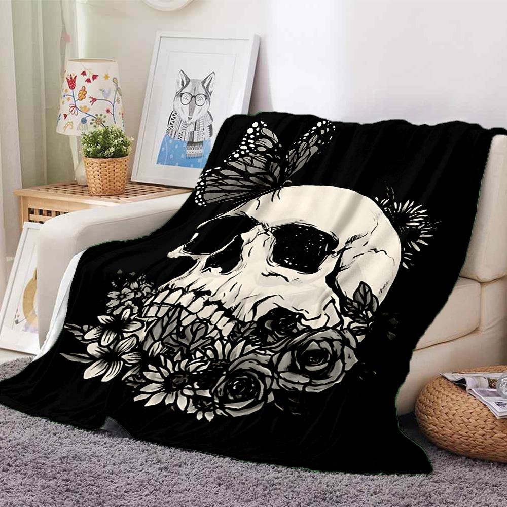 1pc Skull Flowers Lightweight Flannel Blanket, Comfortable and Warm Blanket, for Office and Camping Sofa Bed, Livingroom113