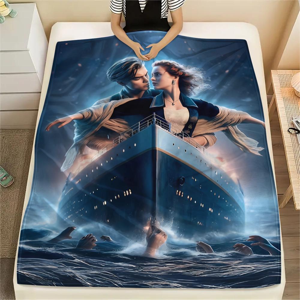 1PC Titanic Print Flannel Blanket, High quality All Seasons, Home Decor, Warmth and Comfort, Perfect for Christmas Gifts
