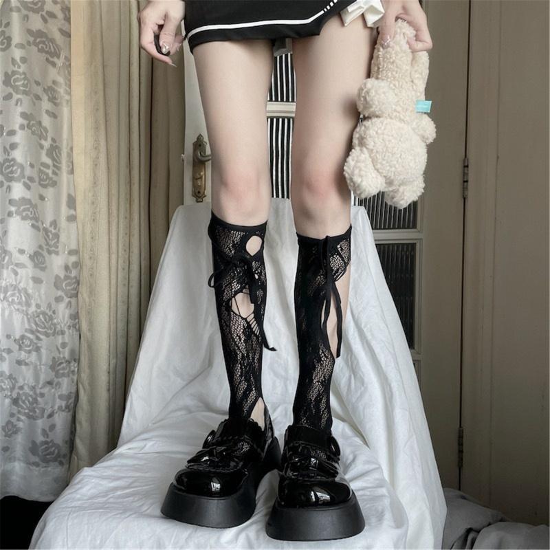 Women Sexy Fishnet Bandage Stockings JK Break Hole Hollow Slouch Socks Punk Lolita Floral Pattern Knee Sock Gothic Lace Up Socks
