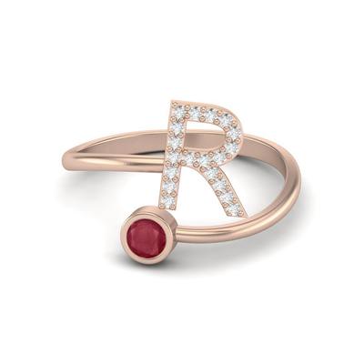 Capital R Initial Letter Ruby 925 Sterling Silver Rose Vermeil Women Adjustable Front Open Ring