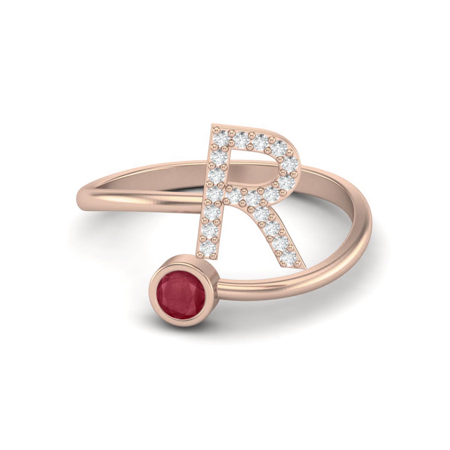 Capital R Initial Letter Ruby 925 Sterling Silver Rose Vermeil Women Adjustable Front Open Ring 10