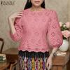 ZANZEA Womens Summer Casual 3/4 Sleeve Hollow Patchwork Embroidery Crochet Blouse