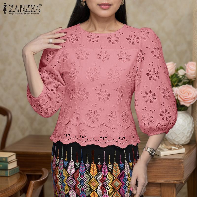 ZANZEA Womens Summer Casual 3/4 Sleeve Hollow Patchwork Embroidery Crochet Blouse