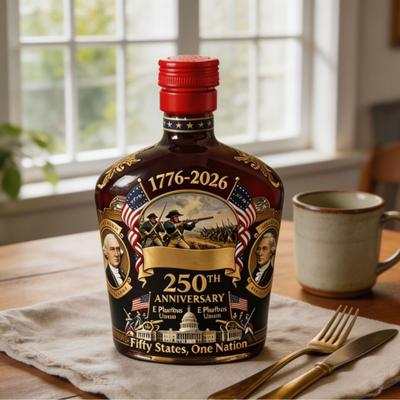 250th Anniversary Wine Bottle Commemorative Colored Glass Wine Decanter with Founding Fathers Historic Images 1776-2026 Patriotic Decor for Home Bar