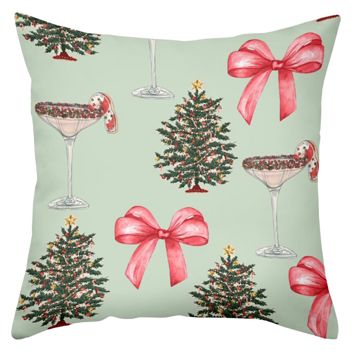 

Christmas Pattern Pillows With Bow Tree And Wine Glass Polyester pillowcase, sofa decorative cushion cover, bedside throw pillow 16x16Inch