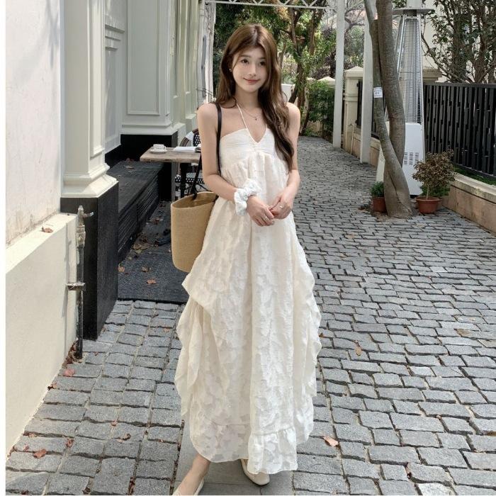 French Pure Desire Style Seaside Vacation Neck Suspender Dress Women's Summer Sexy Backless Temperament Ruffle Edge Dress