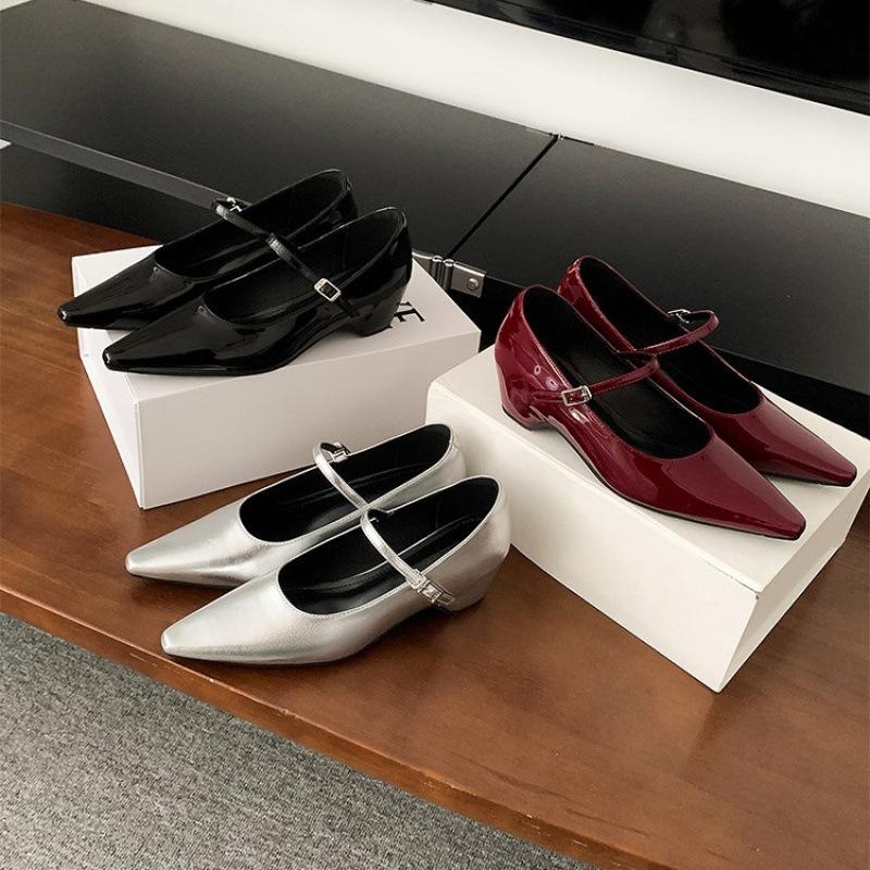 Version peau de mouton~ Tempérament boucle un mot talon épais Mary Jane chaussures chaussures pour femmes chaussures pointues simples bouche légère talons hauts de ville