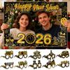 New Year 2026 Paper Photo Frame Photo Props Gold Black Paper Glasses Balloons For Happy New Years Eve Party Decoration Supplies