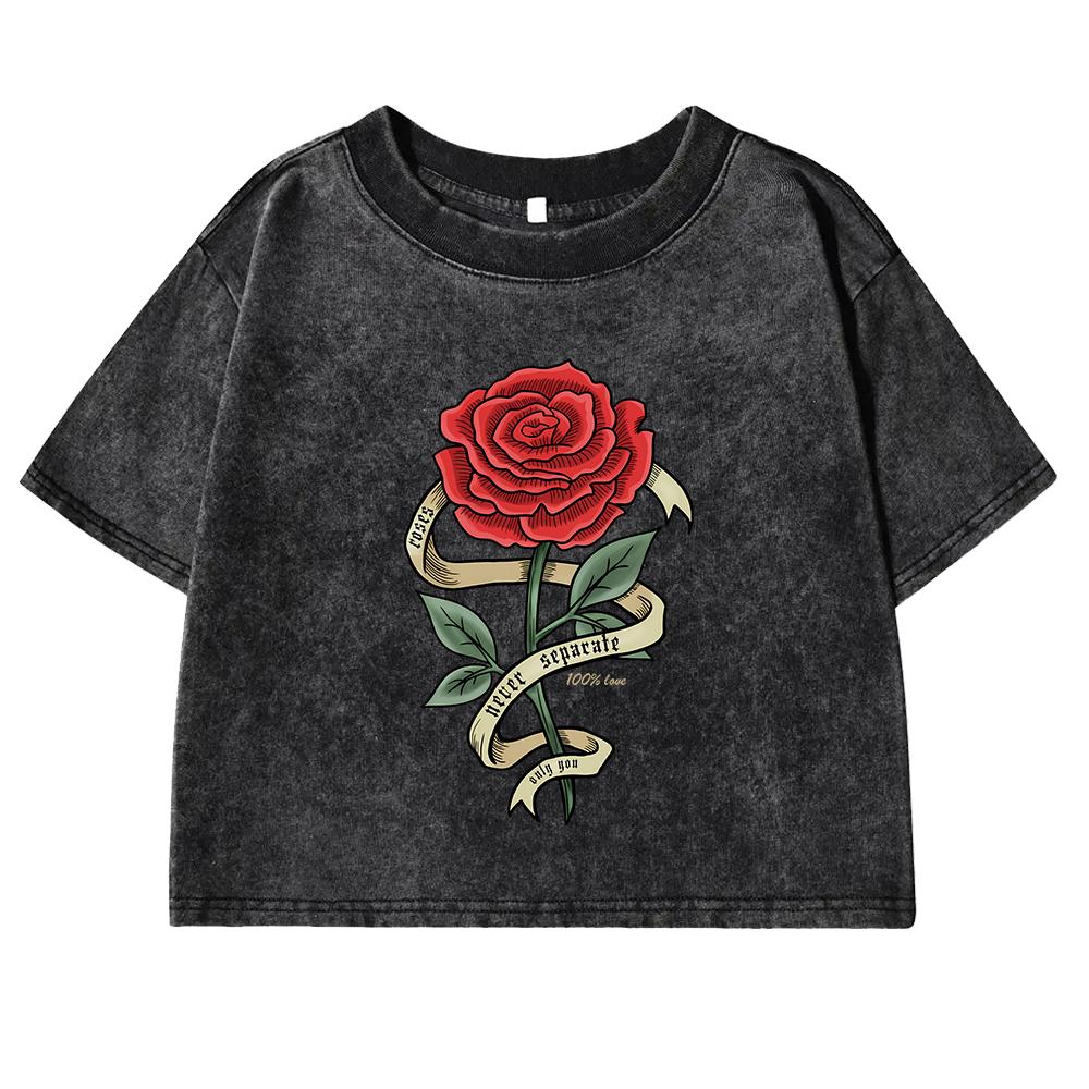 Red Roses Wrapped In Ribbons Prints T-Shirt Female Washed Retro New T Shirts Cotton Street Casual Clothing Women