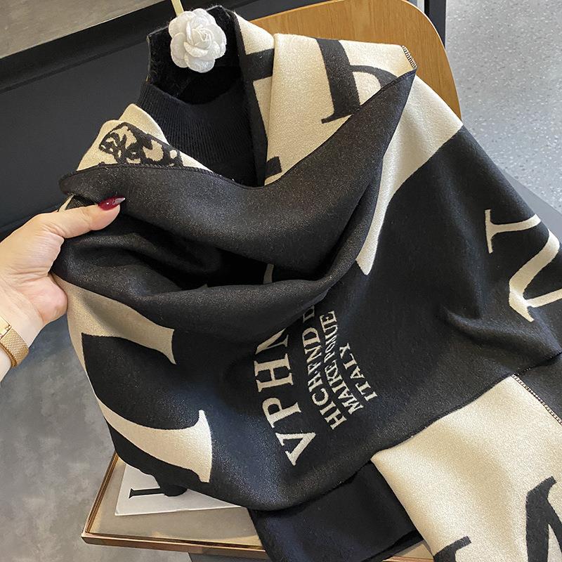 Letter Flower Scarf Autumn and Winter New Style European and American Style High End Outer Windproof and Warm Imitation Cashmere Shawl Scarf