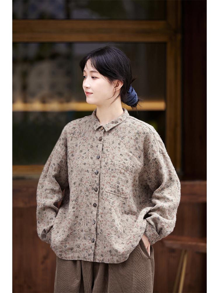 Retro Women s Brocade Color Casual Slimming Linen Shirt for Autumn L