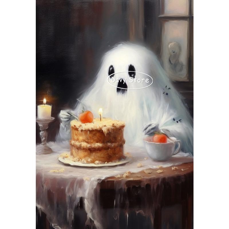 White Ghost Kawaii Halloween Pumpkin Wall Art Canvas Painting White Ghost Life Posters Prints Wall Picture for Room Home Decor