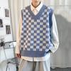 Decote em V Sem Mangas Acabamento Nervurado Estilo Universitário Colete Suéter Outono Inverno Xadrez Patchwork Cor Homens Colete de Malha