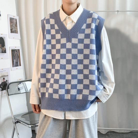Decote em V Sem Mangas Acabamento Nervurado Estilo Universitário Colete Suéter Outono Inverno Xadrez Patchwork Cor Homens Colete de Malha