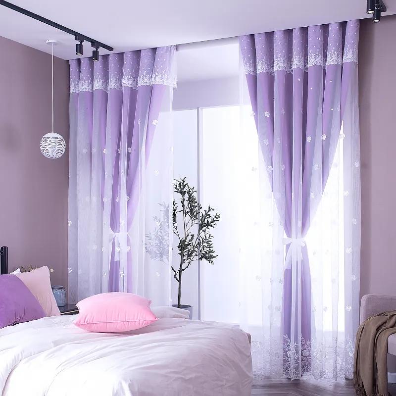 WTEMPO 2ks Korejský styl dutý dvouvrstvý závěs Obývací pokoj Ložnice Dívka Princezna Od podlahy ke stropu Blackout Růžová tkanina Příze Hotový závěs