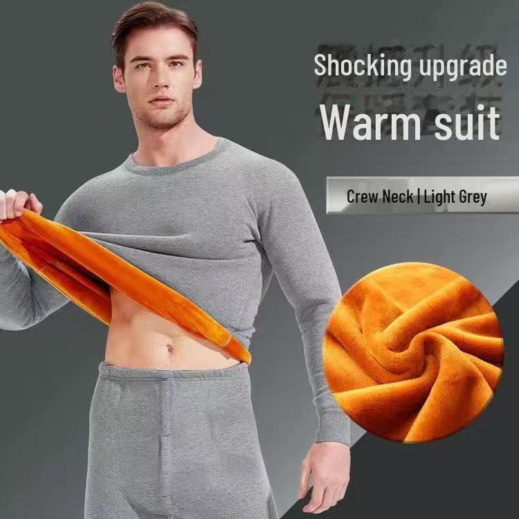 Men's Yellow Velvet Thermal Underwear Set - Warm, Slim Fit, Round Neck for Autumn and Winter