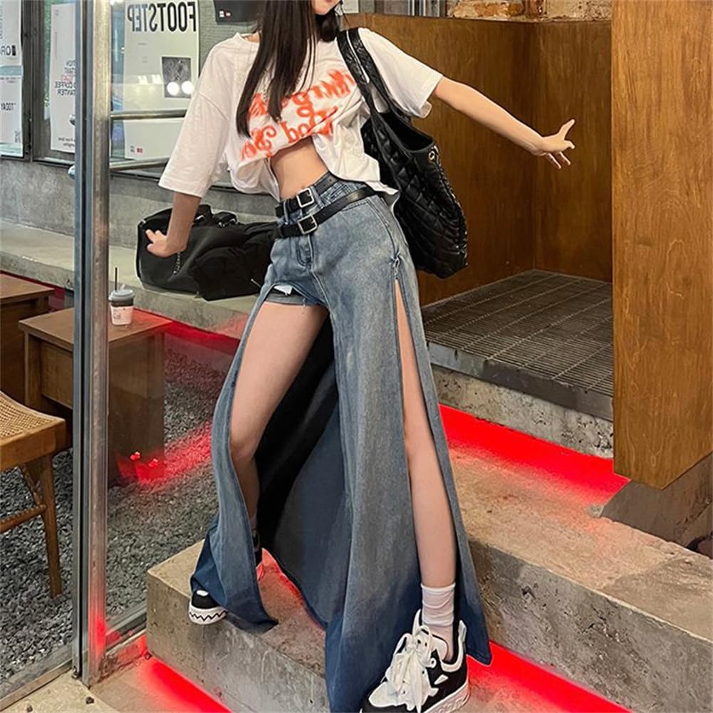 OIUYUE Women's High-Waisted Denim-Style Long Skirt with Front Slit L Blue