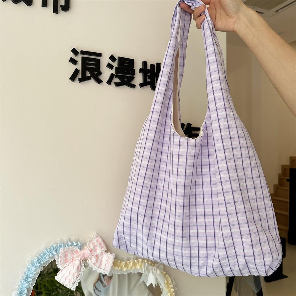 

Chic Summer New Plaid Canvas Tote Bag College Style Large Capacity Purple Check