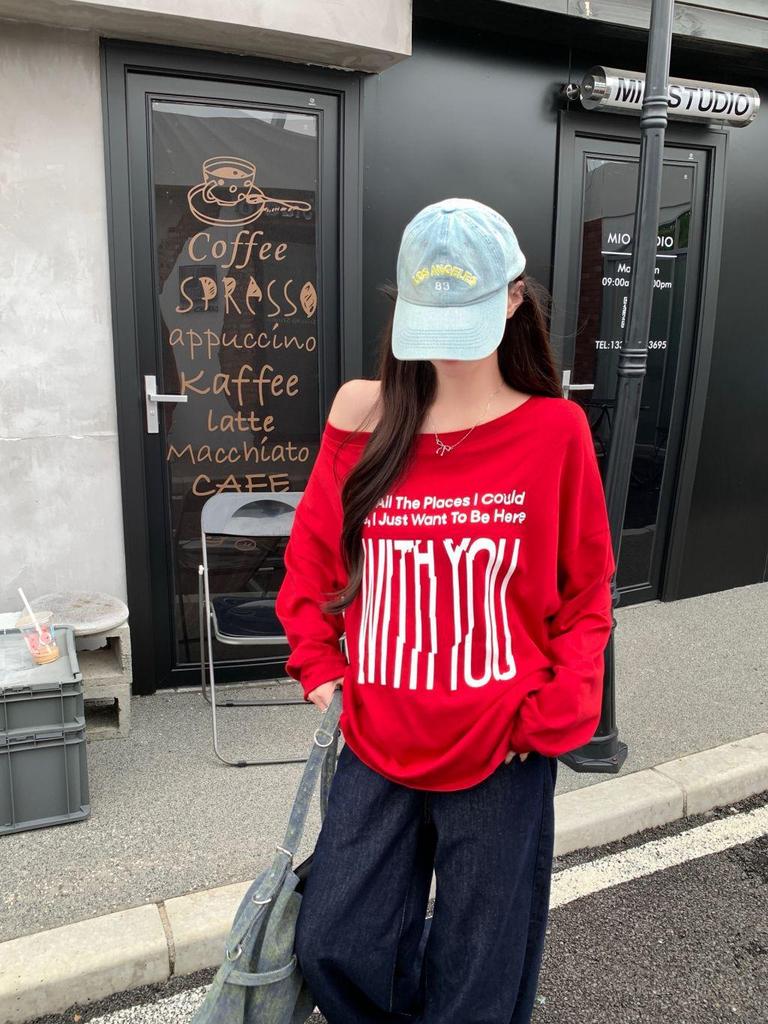 2025 Spring/Autumn Women's Off-Shoulder Oversize Sweatshirt, Reversible Design, Loose Fit, Slanted Shoulder Lazy Style Top
