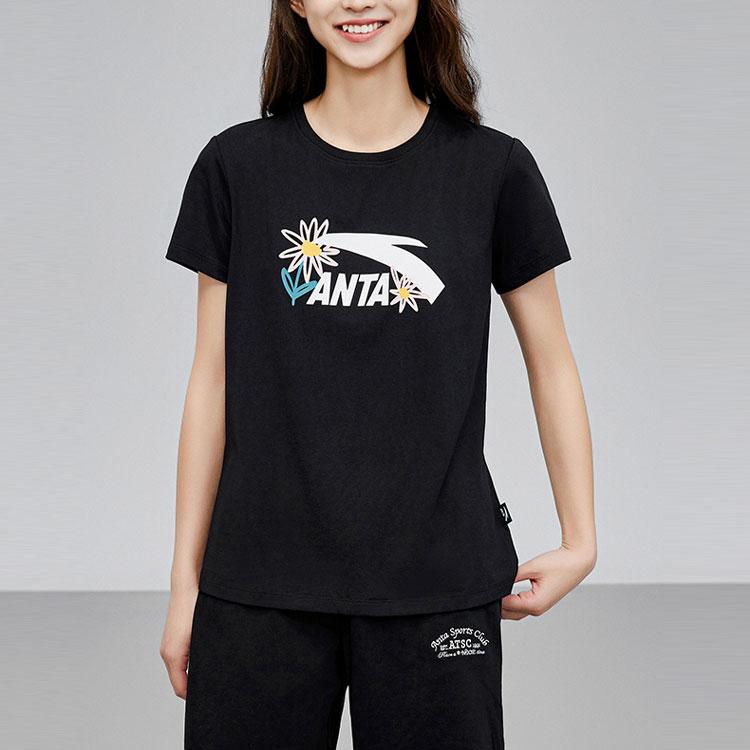 Anta Lifestyle Series Printed Letter Round Neck Pullover Short Sleeve T-Shirt Women Tops Basic-Black 962428111-6