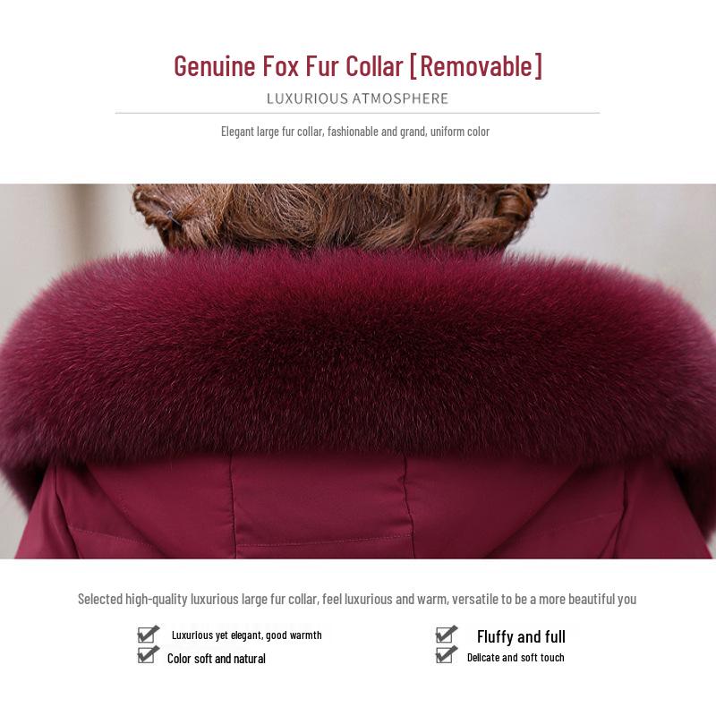 Women's Mid-Length Hooded Winter Down Jacket - Warm Embroidered White Duck Down Coat for Middle-Aged & Elderly