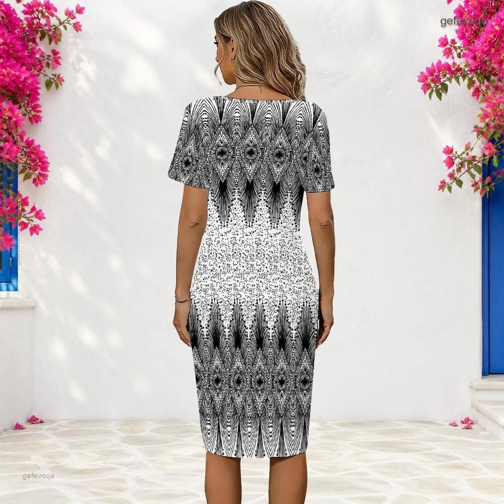 Women Plus Size Round Neck Short Sleeve Fitted White American Flag Printed Dress