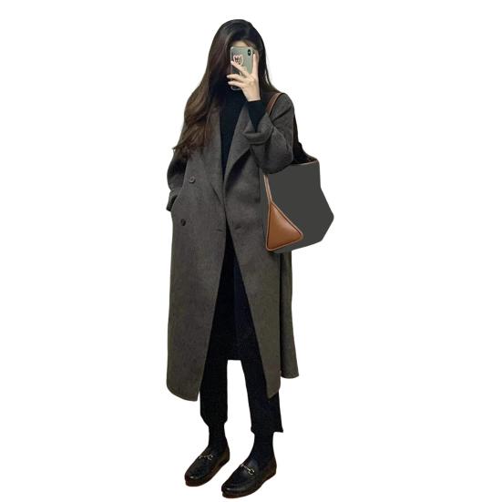 

Женское длинное шерстяное пальто двубортное пальто-бушлат повседневное с длинным рукавом с лацканами с отворотами тренч осенне-зимнее пальто M кофейный