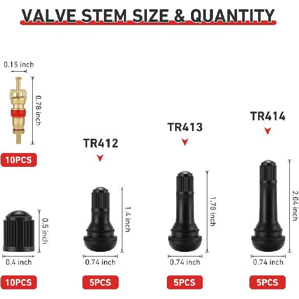 Valve Stem Removal Tool & Taller Tool Kit - 15Pcs TR412/ TR413/ TR414 Tubeless Tire Valve Stems, 20Pcs Valve Caps/Cores, 1Pcs Valve Ertion Taller,