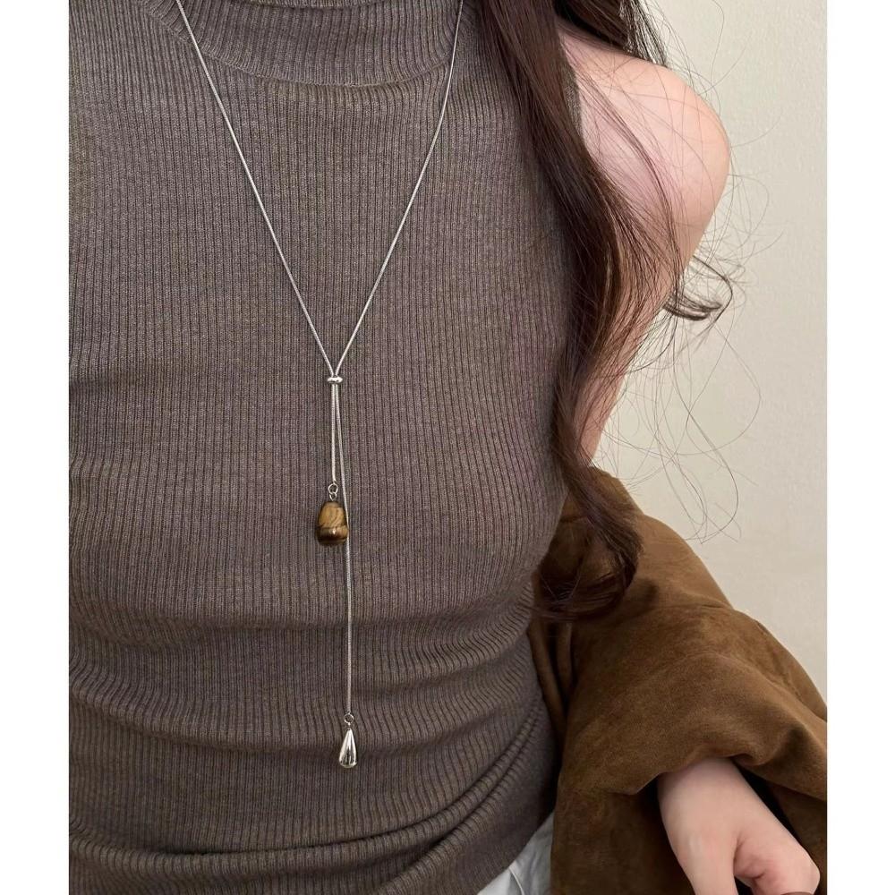 Tigerauge Stein Pulloverkette Titanstahl Anhänger Halskette Einfache Wassertropfenform Halskette