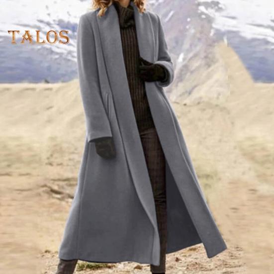 Women Winter Overcoat Open Stitch Turn-down Collar Long Sleeves Windbreaker Loose Cardigan Calf Length Outdoor Woolen Coat