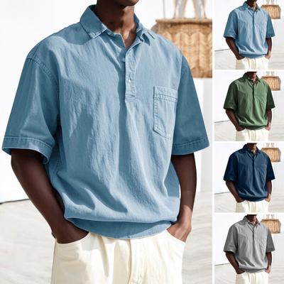 Men's Lapel T-shirt Short Sleeve Casual Summer Tee with Chest Pocket Solid