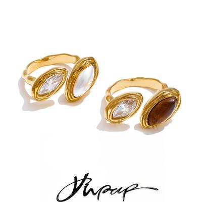 Yhpup Adjustable Stainless Steel Ring Natural Tiger Stone Simulated Pearls Zircon Golden PVD Plated Premium Chic Finger Jewelry