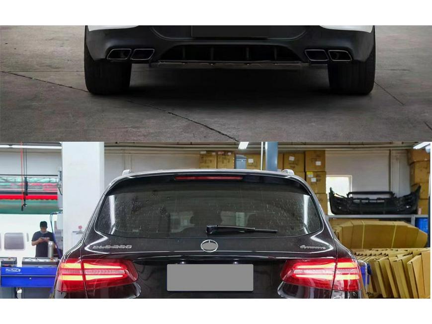 Compatible with Mercedes-AMG X253: GLC 63 front and rear bumpers, grille, and black/white/silver exhaust tips.