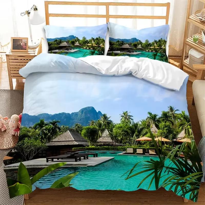 Comforter Summer Beach Hawaiian Vacation Style Seashell Starfish Bedding Set Microfiber Tropical Landscape Queen