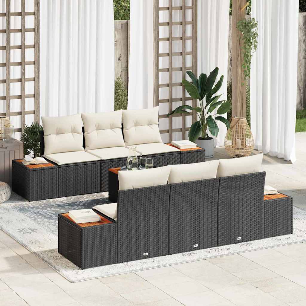 7 Piece Garden Sofa Set with Cushions Black Poly Rattan