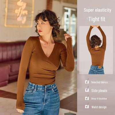 Top da Yoga Autunno/Inverno Scollo a V Pieghettato Vestibilità Aderente Manica Lunga