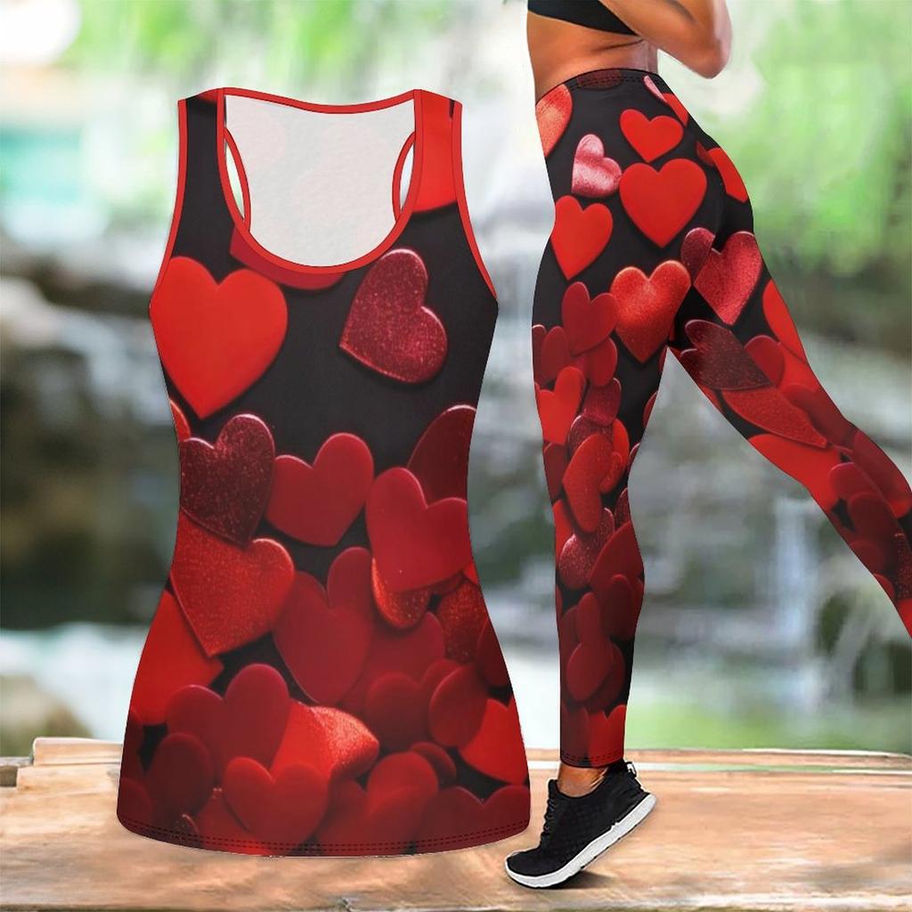 Heart Shaped Pattern Print Yoga Outfit for Women Fashion Workout Leggings Fitness Sports Casual Yoga Set Sports Suit Valentine's Day Exclusive