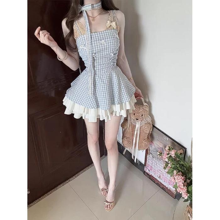 French summer new neck bow suspender dress female slim and thin plaid high waist tutu