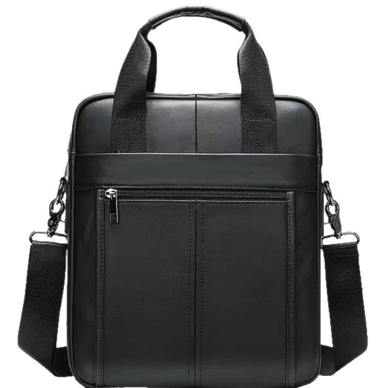 Men's Genuine Leather Vertical Briefcase: Simple Top Layer Cowhide Shoulder & Crossbody Document Bag.