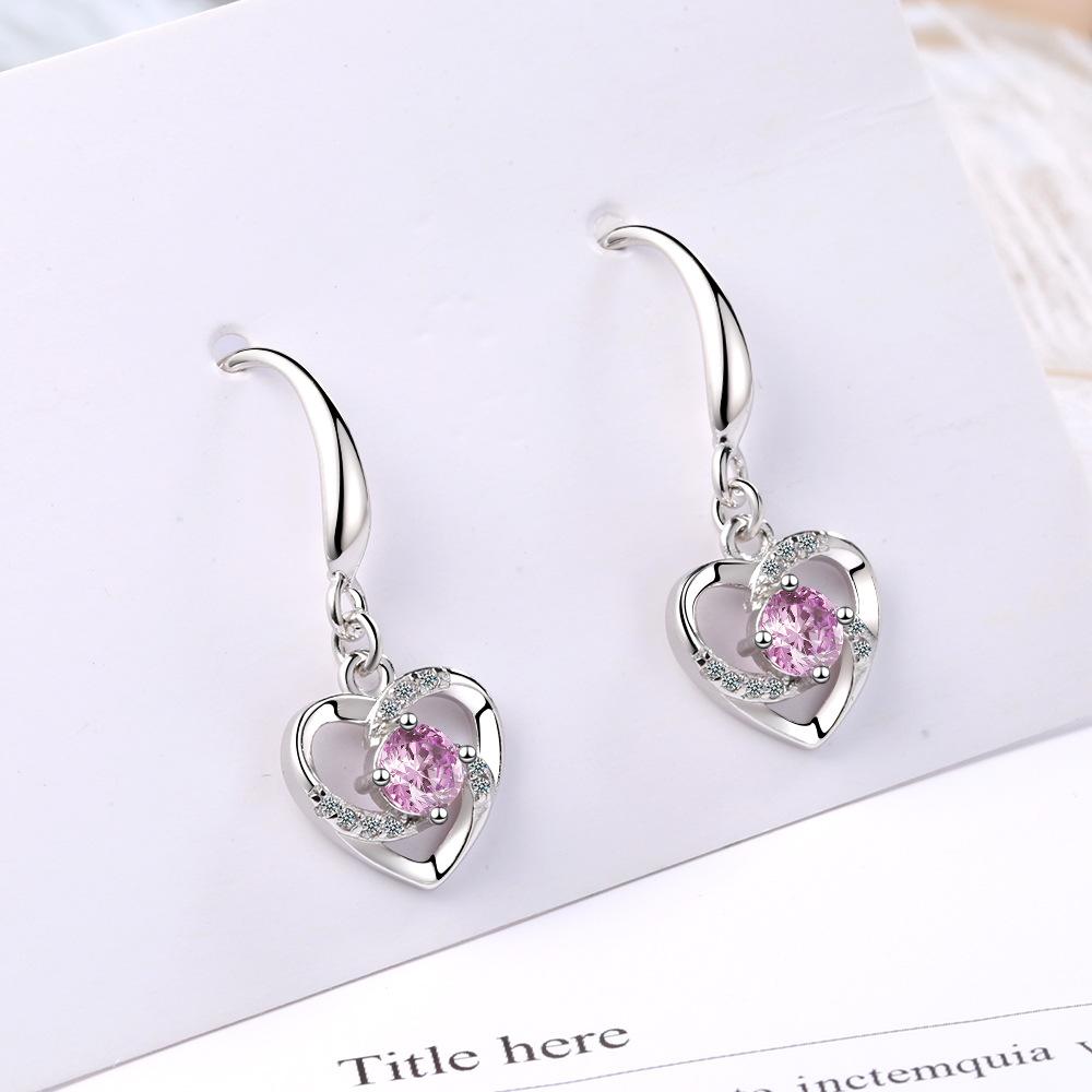 Fashion Female Earrings  Sterling SIlver Love Heart Shaped Pink CZ Zircon Earrings for Women Girls Pendientes Oorbellen