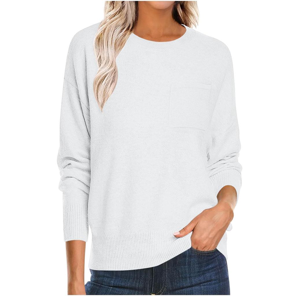 Women's Fashion Round Neck Pullover Sweater Casual Versatile Solid Color Knit Top